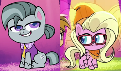 Size: 1200x700 | Tagged: safe, derpibooru import, edit, edited screencap, screencap, buttershy, octavio pie, earth pony, pegasus, pony, my little pony: pony life, pie vs. pie, sportacular spectacular musical musak-ular, beanie, butavio, clothes, cropped, female, glasses, hat, male, necktie, scarf, shipping, shipping domino, spotlight, straight, we shine brighter together