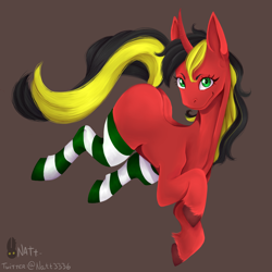 Size: 1446x1446 | Tagged: safe, artist:natt333, derpibooru import, oc, oc only, pony, unicorn, brown background, clothes, digital art, horn, jumping, looking at you, simple background, smiling, smiling at you, socks, solo, striped socks, unicorn oc