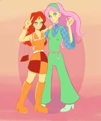 Size: 1707x2048 | Tagged: safe, artist:msmonsterpop, derpibooru import, fluttershy, sunset shimmer, equestria girls, 60s, 70s, abstract background, bellbottoms, boots, duo, duo female, female, hand on shoulder, height difference, high heel boots, peace sign, shoes