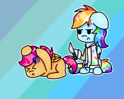 Size: 1280x1024 | Tagged: safe, artist:amazing-ga, derpibooru import, rainbow dash, scootaloo, pegasus, pony, fanfic:rainbow factory, clothes, cross-popping veins, duo, eyes closed, fanfic art, female, filly, foal, knife, lab coat, mare, rainbow dash is not amused, rainbow factory dash, scared, unamused