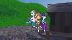 Size: 1280x720 | Tagged: safe, derpibooru import, screencap, rainbow dash, sci-twi, sunset shimmer, twilight sparkle, equestria girls, bag, camp everfree outfits, eddy misbehaves at camp goville, female, goanimate, gritted teeth, head turn, hill, lesbian, pier, roblox, running, scitwishimmer, shed, shipping, sunsetsparkle