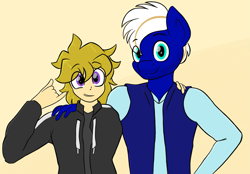 Size: 3061x2126 | Tagged: safe, artist:eisky, derpibooru import, oc, oc:eis, oc:electric blue, anthro, human, pegasus, arm on shoulder, clothes, grin, hand on waist, hoodie, jacket, looking at you, pose, simple background, smiling, waist up