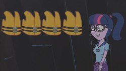 Size: 1280x720 | Tagged: safe, derpibooru import, screencap, sci-twi, twilight sparkle, equestria girls, camp everfree outfits, darkness, eddy misbehaves at camp goville, goanimate, gritted teeth, interior, lifejacket, shrunken pupils, surprised, walking, wood
