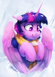 Size: 926x1289 | Tagged: safe, artist:anticular, derpibooru import, twilight sparkle, twilight sparkle (alicorn), alicorn, pony, clothes, coffee cup, cup, cute, ears, female, floppy ears, mare, scarf, smiling, snow, solo, twiabetes, unshorn fetlocks, winter