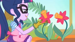 Size: 1920x1080 | Tagged: safe, derpibooru import, screencap, sci-twi, twilight sparkle, better together, equestria girls, my little shop of horrors, apron, clothes, flower, glasses, gloves, plant, ponytail, skirt