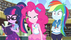 Size: 3410x1920 | Tagged: safe, derpibooru import, screencap, pinkie pie, rainbow dash, sci-twi, twilight sparkle, best trends forever, best trends forever: pinkie pie, better together, equestria girls, book, bowtie, clothes, crossed arms, cutie mark on clothes, female, geode of sugar bombs, geode of super speed, geode of telekinesis, glasses, high res, hoodie, jewelry, library, magical geodes, necklace, ponytail, shrunken pupils, tanktop, trio, trio female