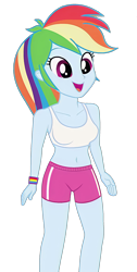 Size: 1112x2202 | Tagged: safe, derpibooru import, edit, edited screencap, editor:ah96, screencap, rainbow dash, equestria girls, background removed, belly button, breast edit, breasts, clothes, female, midriff, not a vector, open mouth, open smile, shorts, simple background, smiling, solo, sports bra, sports shorts, transparent background