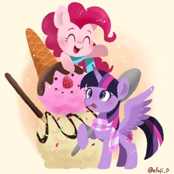 Size: 2048x2048 | Tagged: safe, artist:efuji_d, derpibooru import, pinkie pie, twilight sparkle, twilight sparkle (alicorn), alicorn, earth pony, pony, blushing, clothes, cute, duo, eyes closed, female, food, giant food, ice cream, ice cream cone, mare, open mouth, open smile, scarf, smiling, snowman, spoon, strawberry, tongue, tongue out