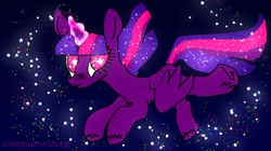 Size: 828x464 | Tagged: safe, artist:computershits, derpibooru import, twilight sparkle, twilight sparkle (alicorn), alicorn, ethereal mane, female, floating, flying, glowing, glowing horn, horn, magic, solo, space, starry eyes, starry mane, stars, watermark, wingding eyes