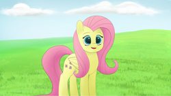 Size: 3840x2160 | Tagged: safe, artist:astralr, derpibooru import, fluttershy, pegasus, pony, cloud, cute, daaaaaaaaaaaw, female, grass, mare, open mouth, shyabetes, sky, solo