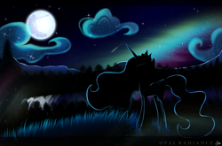 Size: 1920x1264 | Tagged: safe, artist:opal_radiance, derpibooru import, princess celestia, alicorn, pony, aurora borealis, cloud, crown, female, flowing mane, flowing tail, folded wings, grass, hoof shoes, horn, jewelry, looking up, moon, moonlight, night, regalia, sky, solo, stars, tail, tree, wings