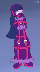 Size: 1000x1800 | Tagged: safe, artist:domedvortex, derpibooru import, twilight sparkle, twilight sparkle (alicorn), alicorn, human, equestria girls, bondage, buckle, clothes, dress, gag, hat, humanized, long dress, long skirt, panel gag, skirt, solo, straitjacket, straps, winter outfit