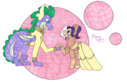 Size: 1280x827 | Tagged: safe, artist:flamirasplitz, derpibooru import, scootaloo, spike, dragon, pegasus, pony, clothes, dress, female, holding hooves, looking at each other, looking at someone, male, older, older scootaloo, older spike, scootaspike, shipping, straight, veil, winged spike, wings