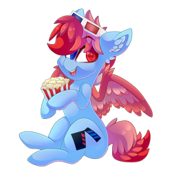 Size: 2000x2000 | Tagged: safe, artist:star-theft, derpibooru import, oc, oc only, pegasus, pony, 3-d glasses, 3d glasses, colored wings, ear fluff, ears, food, glasses on head, heterochromia, high res, looking at you, male, open mouth, open smile, popcorn, simple background, smiling, solo, stallion, transparent background, wings