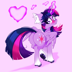 Size: 2500x2500 | Tagged: safe, artist:rurihal, derpibooru import, twilight sparkle, twilight sparkle (alicorn), alicorn, pony, blushing, butt, cheek fluff, coat markings, dock, ear fluff, ears, glowing, glowing horn, heart, horn, pink background, simple background, socks (coat marking), tail, twibutt