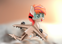 Size: 1262x901 | Tagged: safe, artist:seki_98, derpibooru import, oc, oc only, oc:fededash, original species, plane pony, cloud, flight, flying, happy, open mouth, open smile, plane, sitting, smiling, solo