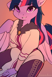 Size: 2000x3000 | Tagged: safe, artist:freeedon, derpibooru import, twilight sparkle, twilight sparkle (alicorn), alicorn, anthro, fanfic:my little pony: the unexpected future, clothes, ear fluff, ears, female, looking at you, mare, simple background, sitting