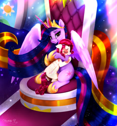 Size: 1600x1734 | Tagged: safe, artist:darksly, derpibooru import, princess twilight 2.0, twilight sparkle, twilight sparkle (alicorn), oc, oc:cotton, alicorn, pegasus, pony, the last problem, commission, eyes closed, female, hug, jewelry, mare, older, older twilight, regalia, scar, sitting, smiling, ych result