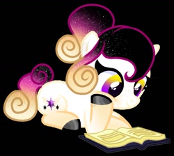 Size: 1197x1071 | Tagged: safe, artist:teonnakatztkgs, derpibooru import, oc, oc only, pony, base used, black background, book, ethereal mane, eyelashes, female, filly, foal, hoof polish, reading, simple background, smiling, solo, starry mane