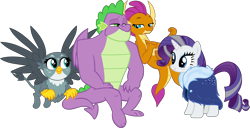 Size: 9017x4615 | Tagged: safe, artist:cloudyglow, artist:memnoch, derpibooru import, edit, gabby, rarity, smolder, spike, dragon, griffon, pony, unicorn, dragon dropped, the last problem, .ai available, bags under eyes, bedroom eyes, clothes, cute, dragoness, eyeshadow, female, flying, fur coat, gabbybetes, gigachad spike, grey hair, harem, heart, high res, makeup, male, mare, older, older rarity, older smolder, older spike, polyamory, robe, shipping, simple background, sitting, skunk stripe, smiling, spabby, sparity, spike gets all the mares, spolder, straight, transparent background, trio, vector, winged spike, wings