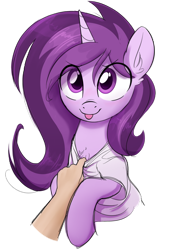 Size: 1848x2696 | Tagged: safe, artist:coinpo, derpibooru import, oc, oc only, oc:czupone, human, pony, unicorn, :p, chest fluff, clothes, disembodied hand, duo, ear fluff, ears, eye clipping through hair, hand, high res, hooves, horn, simple background, smiling, tongue, tongue out, transparent background, two toned mane, unicorn oc