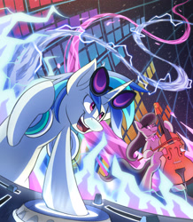 Size: 3991x4582 | Tagged: safe, artist:kaylerustone, derpibooru import, dj pon-3, octavia melody, vinyl scratch, earth pony, pony, unicorn, abstract background, cello, duo, female, glasses, looking down, looking to side, looking to the right, mare, musical instrument, open mouth, open smile, smiling