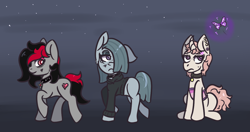 Size: 1252x663 | Tagged: safe, artist:lazerblues, derpibooru import, marble pie, oc, oc:band aid, oc:miss eri, butterfly, earth pony, unicorn, choker, clothes, collar, corset, curved horn, frown, hoodie, horn, lonely inky, smiling, unamused