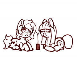 Size: 1300x1000 | Tagged: safe, artist:lazerblues, derpibooru import, oc, oc only, oc:cosmia nebula, oc:miss eri, earth pony, pony, chillaxing, earbuds, eyes closed, ipod, mp3 player, relaxing, sharing headphones, sketch