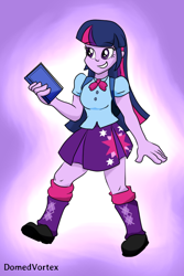 Size: 500x750 | Tagged: safe, artist:domedvortex, derpibooru import, twilight sparkle, equestria girls, book, digital art, female, gradient background, purple background, requested art, signature, simple background, smiling, solo