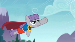 Size: 1000x563 | Tagged: safe, artist:dragunique, derpibooru import, edit, edited screencap, screencap, maud pie, earth pony, pony, maud pie (episode), cape, clothes, female, flying, mare, solo, supergirl, superhero