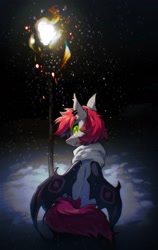 Size: 1293x2048 | Tagged: safe, artist:swaybat, derpibooru import, oc, oc only, bat pony, pony, bat pony oc, blood, clothes, ear piercing, earring, jewelry, looking at you, looking back, looking back at you, piercing, scarf, snow, solo