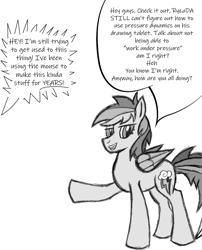 Size: 612x759 | Tagged: safe, artist:vareb, derpibooru import, rainbow dash, pegasus, pony, dialogue, looking at you, pointing, pun, sketch, smiling, solo, talking to viewer, text