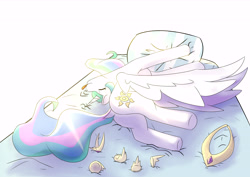 Size: 8598x6071 | Tagged: safe, artist:wirlog, derpibooru import, princess celestia, alicorn, pony, absurd resolution, bed, butt, cute, cutelestia, dock, eyes closed, female, lying down, majestic as fuck, mare, on side, pillow, plot, sillestia, silly, silly pony, simple background, sleeping, solo, sunbutt, tail, tongue, tongue out, white background
