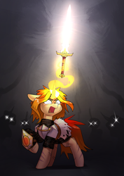 Size: 2480x3508 | Tagged: safe, artist:underpable, derpibooru import, oc, oc:scorching storm, pony, unicorn, armor, clothes, commission, fantasy class, glowing, glowing eyes, knight, magic, open mouth, paladin, scar, shield, silhouette, solo focus, sword, telekinesis, warrior, weapon, white eyes