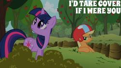 Size: 1280x720 | Tagged: safe, derpibooru import, edit, edited screencap, editor:quoterific, screencap, applejack, twilight sparkle, unicorn twilight, earth pony, pony, unicorn, lesson zero, season 2, apple, apple tree, duo, female, food, helmet, mare, smiling, tree