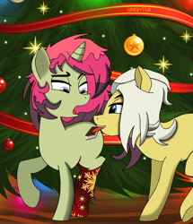 Size: 2227x2593 | Tagged: safe, artist:qnighter, derpibooru import, oc, oc:azha magna, oc:spicy flavor, earth pony, unicorn, christmas, christmas tree, clothes, cutie mark, holiday, licking, lights, open mouth, socks, surprised, tongue, tongue out, tree, wooden floor