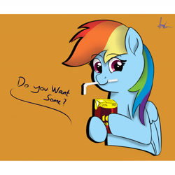 Size: 2400x2400 | Tagged: safe, artist:habiepon3, derpibooru import, rainbow dash, pegasus, pony, 20% cooler, bust, cute, dashabetes, dialogue, drink, drinking straw, eyebrows, eyebrows visible through hair, female, food, high res, indonesia, looking at you, mare, mouth hold, offering, simple background, smiling, smiling at you, solo, straw, straw in mouth, tea