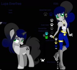 Size: 1988x1800 | Tagged: safe, artist:teonnakatztkgs, derpibooru import, oc, oc only, unicorn, equestria girls, black background, boots, equestria girls-ified, female, grin, horn, paw prints, reference sheet, shoes, simple background, smiling, unicorn oc