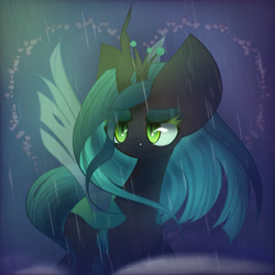 Size: 2200x2200 | Tagged: safe, artist:miryelis, derpibooru import, queen chrysalis, changeling, pony, crown, cute, cutealis, hair, heart, jewelry, looking at something, rain, regalia, sad, sadorable, simple background, smiling, solo, standing, wings