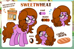 Size: 1200x798 | Tagged: safe, artist:jennieoo, derpibooru import, oc, oc only, oc:sweetwheat, earth pony, pony, blushing, bread, confused, female, food, glasses, looking at you, mare, reference, reference sheet, simple background, smiling, smiling at you, smirk, solo, vector