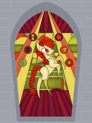 Size: 2400x3200 | Tagged: safe, artist:sixes&sevens, derpibooru import, apple bloom, earth pony, pony, braid, cutie mark, fanfic, fanfic art, fanfic cover, female, older, older apple bloom, rearing, solo, stained glass, train