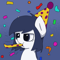 Size: 1768x1768 | Tagged: safe, artist:monycaalot, derpibooru import, oc, pony, birthday, confetti, hat, party hat, solo