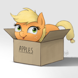 Size: 1000x1000 | Tagged: safe, artist:magfen, derpibooru import, applejack, earth pony, pony, :p, box, cute, female, freckles, hatless, if i fits i sits, jackabetes, mare, missing accessory, pony in a box, silly, silly pony, simple background, solo, tongue, tongue out, weapons-grade cute, white background, who's a silly pony, ych example, your character here