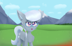 Size: 4260x2700 | Tagged: safe, artist:toxinagraphica, derpibooru import, silver spoon, earth pony, pony, cheek fluff, chest fluff, cloud, cloud pony, dead space, ear fluff, ears, elastic, eyebrows, eyelashes, female, fluffy, glasses, grass, high res, hill, mare, mountain, obelisk, open mouth, red light, shocked, solo, surprised, tree