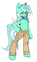 Size: 900x1502 | Tagged: safe, artist:pledus, derpibooru import, lyra heartstrings, semi-anthro, unicorn, bipedal, blushing, clothes, cute, female, looking at you, lyrabetes, one eye closed, pants, smiling, solo, that pony sure does love humans, wink