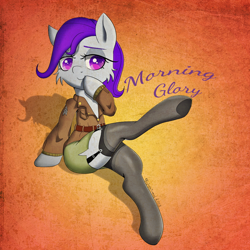 Size: 1080x1080 | Tagged: safe, artist:fajnyziomal, derpibooru import, oc, oc:morning glory (project horizons), pegasus, pony, clothes, commission, gradient background, pinup, skirt, solo, stockings, thigh highs