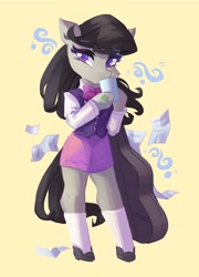 Size: 2947x4096 | Tagged: safe, artist:saxopi, derpibooru import, octavia melody, earth pony, semi-anthro, bowtie, clothes, drinking, female, food, hoof hold, looking at you, mare, mug, paper, shirt, shoes, simple background, skirt, socks, solo, tea, vest, yellow background