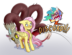 Size: 1050x800 | Tagged: safe, artist:gloomydinosaur, derpibooru import, discord, fluttershy, princess celestia, alicorn, draconequus, pegasus, pony, angry, cowering, cross-popping veins, ears, female, floppy ears, hiding, male, mare, offscreen character, rage, simple background, snaggletooth, text, this will end in a trip to the moon, this will end in death, this will end in petrification, this will end in tears, this will end in tears and/or death