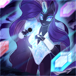 Size: 3000x3000 | Tagged: safe, artist:auroracursed, derpibooru import, nightmare rarity, anthro, unicorn, clothes, dress, female, leotard, looking at you, magic, magic aura, mare, smiling, smiling at you, solo