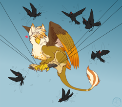 Size: 1200x1050 | Tagged: safe, artist:carifoxleopard, derpibooru import, oc, oc:ember burd, bird, griffon, angry, beak, behaving like a bird, colored wings, cute, eared griffon, ears, eyes closed, feather, feathered wings, flying, fur, gradient wings, griffon oc, griffons doing bird things, group, heart, leonine tail, male, male focus, multicolored wings, paw pads, paws, power line, sitting, size difference, smiling, solo focus, tail, underpaw, wings, wires